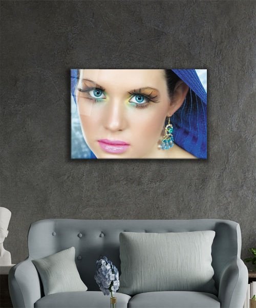 Kadınlar Mavi Göz Renki Makyaj Cam Tablo  4mm Dayanıklı Temperli Cam, Women Blue Eye Colorfull Makeup Glass Wall Art