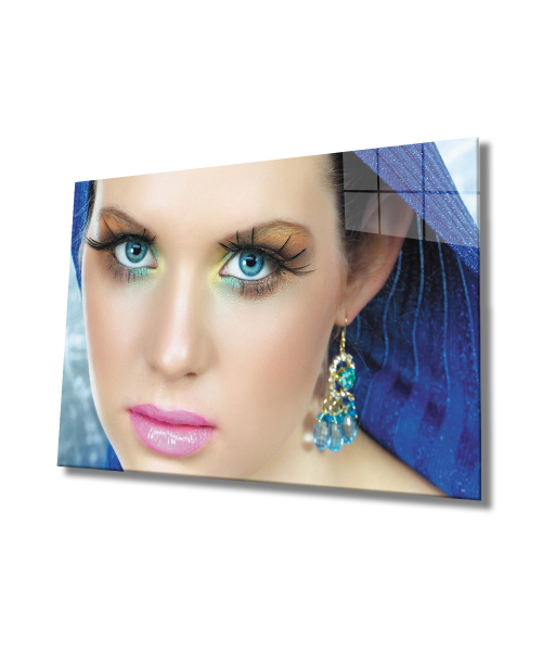 Kadınlar Mavi Göz Renki Makyaj Cam Tablo  4mm Dayanıklı Temperli Cam, Women Blue Eye Colorfull Makeup Glass Wall Art