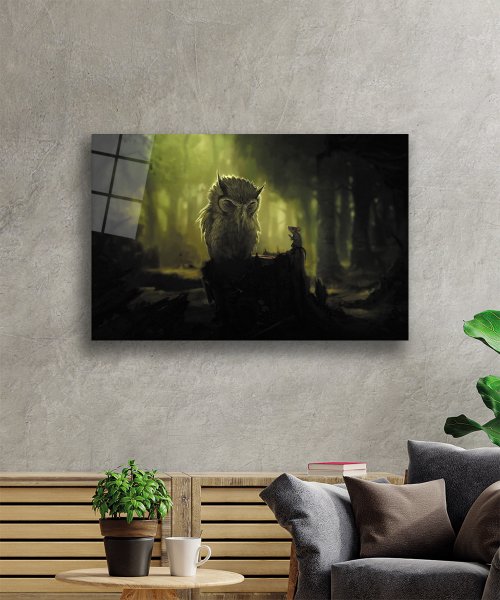 Baykuş Fare Orman Gece Yeşil Cam Tablo  4mm Dayanıklı Temperli Cam Owl Mouse Forest Green Night Glass Wall Art