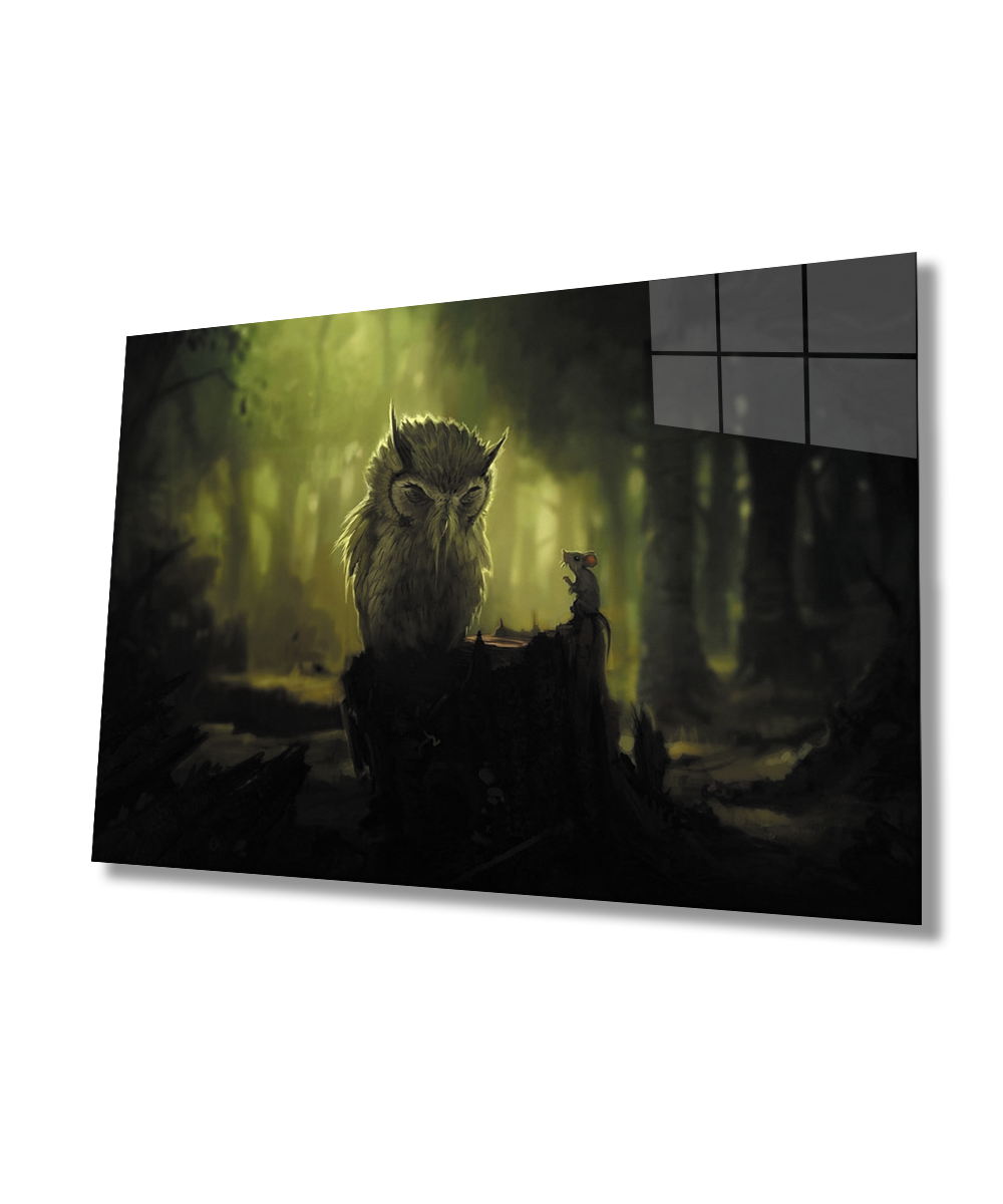 Baykuş Fare Orman Gece Yeşil Cam Tablo  4mm Dayanıklı Temperli Cam Owl Mouse Forest Green Night Glass Wall Art