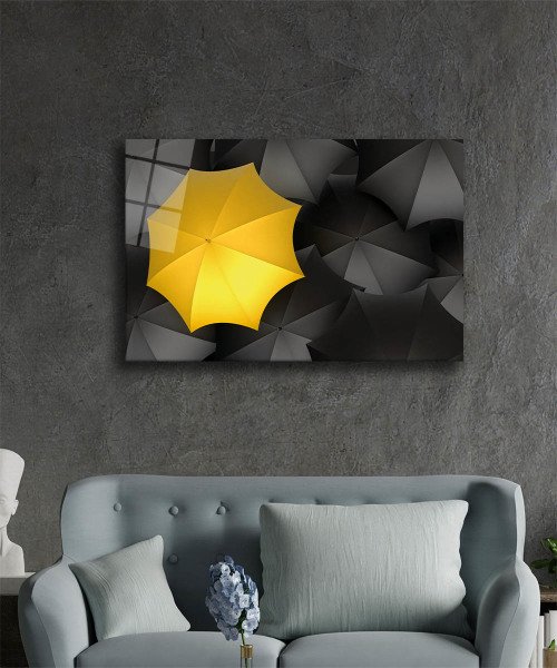 Sarı Siyah Şemsiye İllüstrasyon Cam Tablo  4mm Dayanıklı Temperli Cam, Yellow Black Umberlla Illustration Art Glass Wall Decor