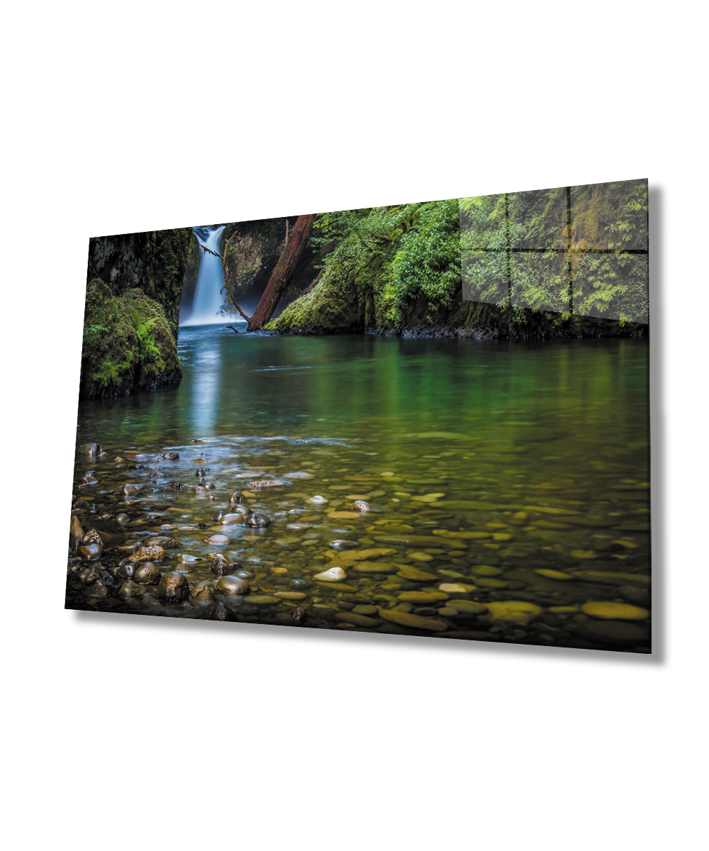 Orman Irmak Taş Manzara Yeşil Cam Tablo  4mm Dayanıklı Temperli Cam Forest River Stone Landscape Green Glass Wall Art