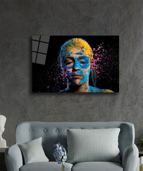 Kadın Boyalı Yüz İllüstrasyon Cam Tablo  4mm Dayanıklı Temperli Cam, Girl Colorful Face Illustration Art Glass Wall Decor