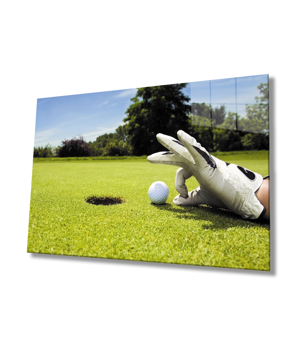 Oyun Golf Top Eldiven Yeşil Manzara Cam Tablo  4mm Dayanıklı Temperli Cam  Game Golf Ball Gloves Green Landscape Glass Wall Art