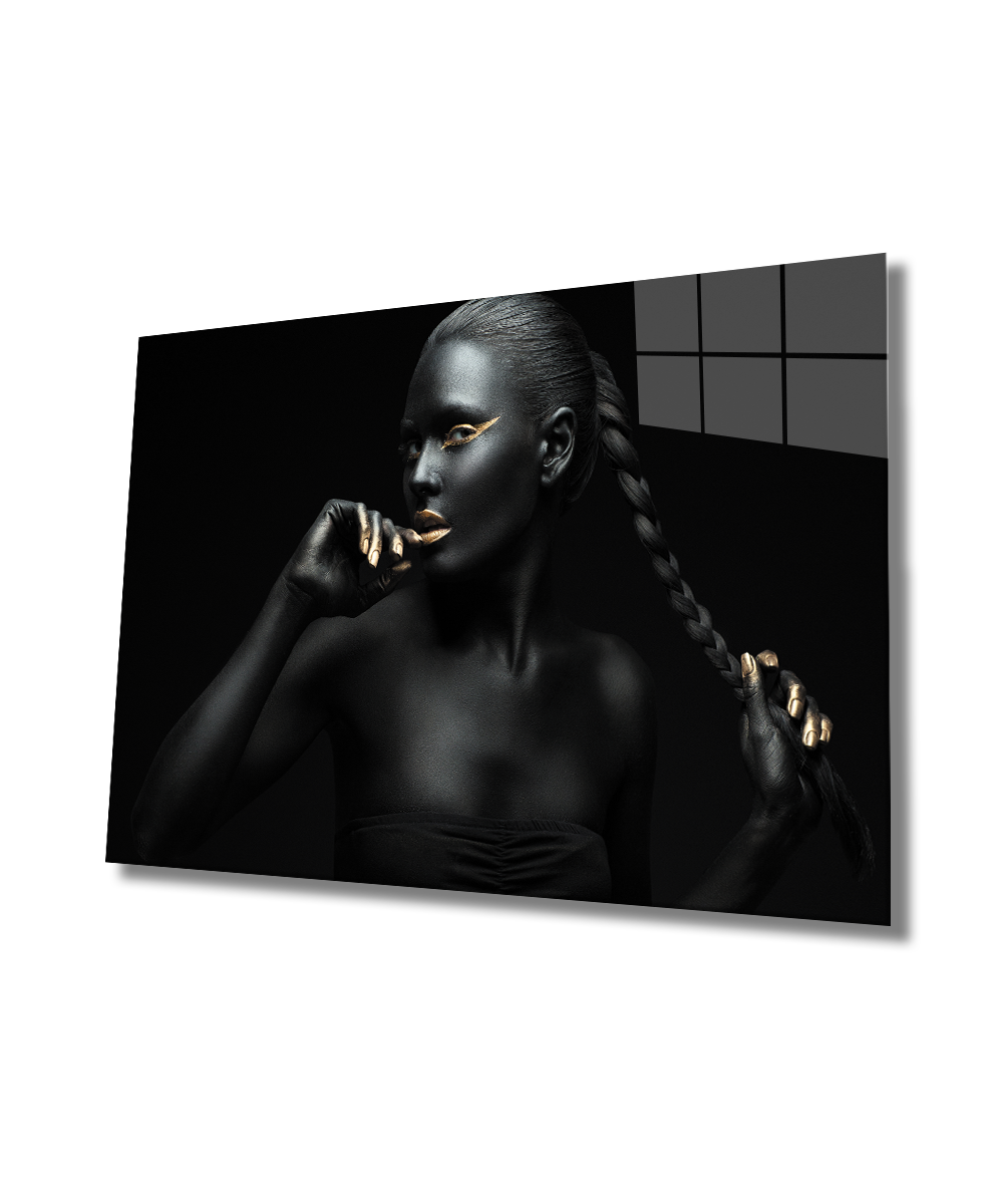 Kadınlar Siyah Altın Cam Tablo  4mm Dayanıklı Temperli Cam,Women Black Gold Glass Wall Art