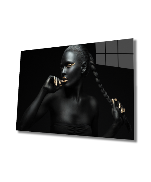 Kadınlar Siyah Altın Cam Tablo  4mm Dayanıklı Temperli Cam,Women Black Gold Glass Wall Art