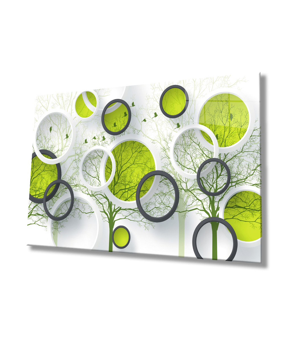 Yeşil Daireler Cam Tablo  4mm Dayanıklı Temperli Cam Green Flats Glass Wall Art