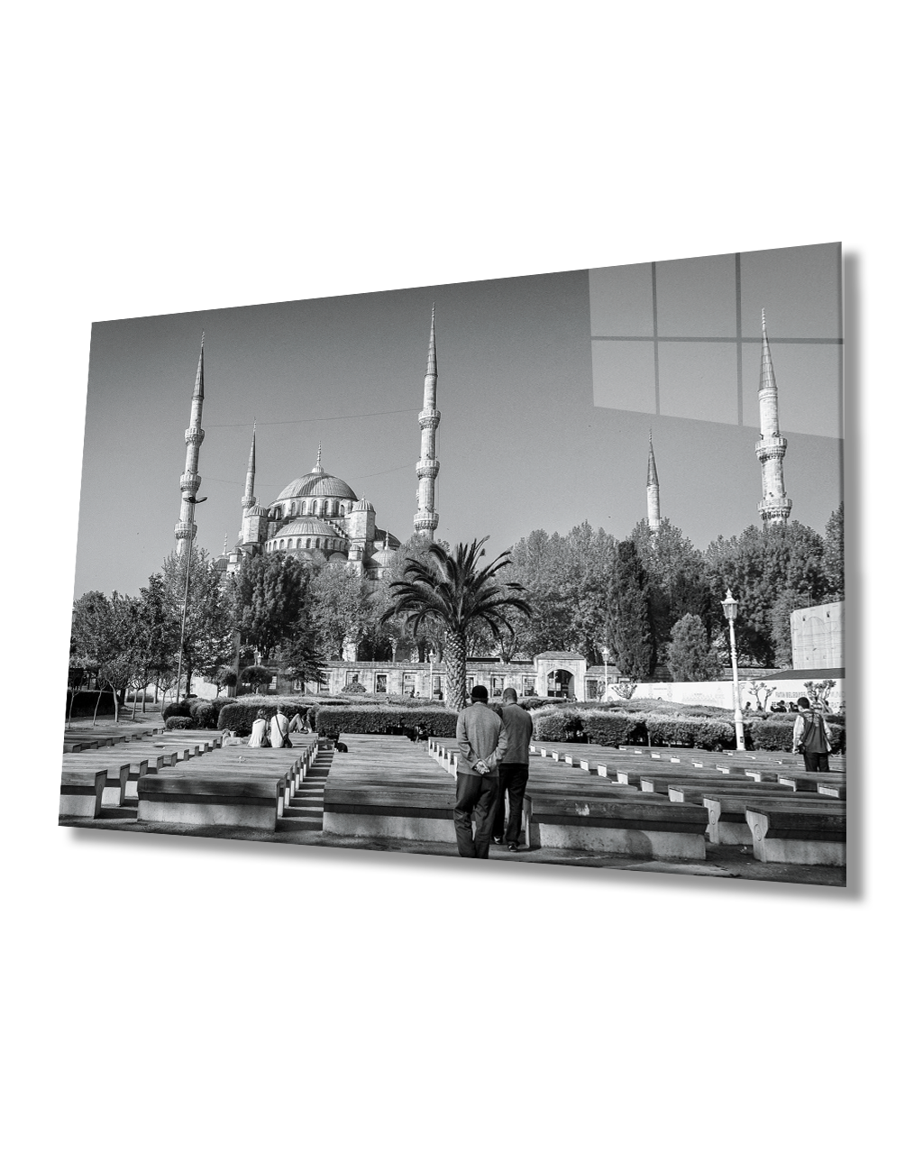 İstanbul Siyah Beyaz  Camii ve İnsan Manzaraları  4mm Dayanıklı  Cam Tablo Temperli Cam
