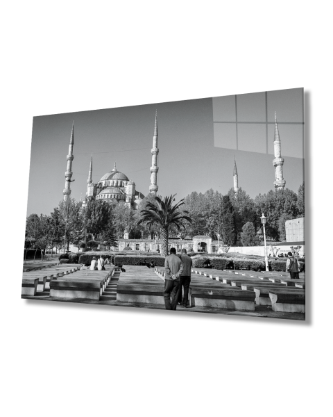 İstanbul Siyah Beyaz  Camii ve İnsan Manzaraları  4mm Dayanıklı  Cam Tablo Temperli Cam