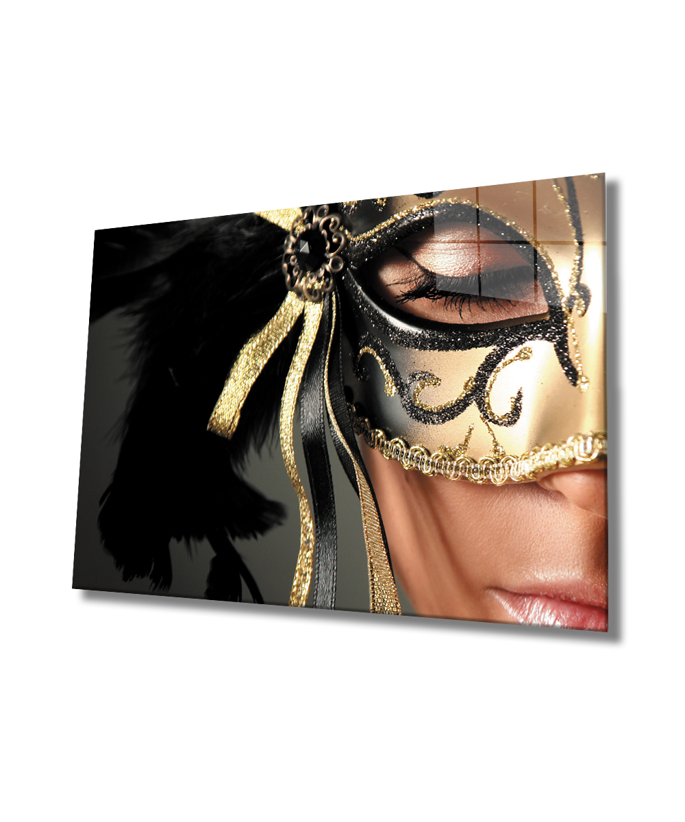 Kadınlar Altın Maske Cam Tablo  4mm Dayanıklı Temperli Cam, Women Gold Mask Glass Wall Art