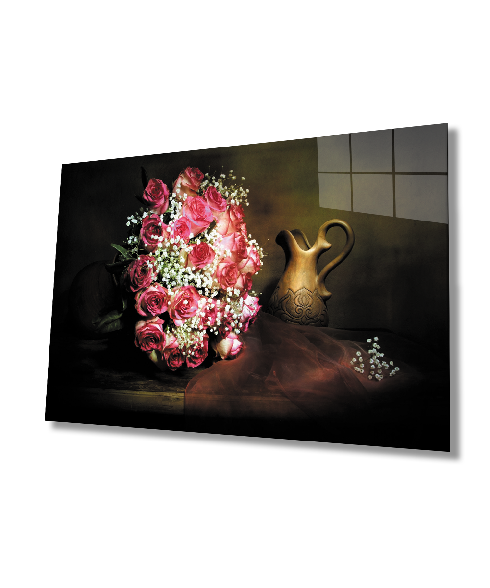 Pembe Beyaz Güller Natürmort Cam Tablo  4mm Dayanıklı Temperli Cam Pink White Roses Still Life Glass Painting 4mm Durable Tempered Glass