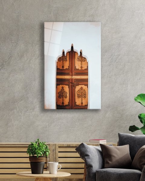 Çiçek Desenli  Ahşap Kapı  Görselli Dikey Cam Tablo  4mm Dayanıklı Temperli Cam Floral Patterned Wooden Door Image Vertical Glass Table 4mm Durable Tempered Glass