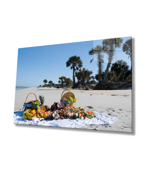 Sahil Meyveler Manzara Cam Tablo  4mm Dayanıklı Temperli Cam Beach Fruits Landscape Glass Table 4mm Durable Tempered Glass