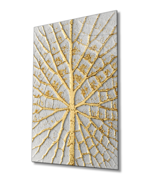 Soyut Beyaz  Altın Ağaç Dalları Cam Tablo 4mm Dayanıklı Temperli Cam