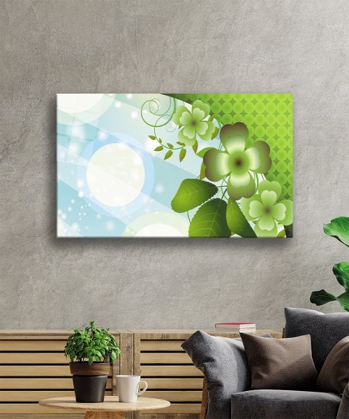 Yeşil Çiçek Cam Tablo  4mm Dayanıklı Temperli Cam Green Flower Glass Wall Art