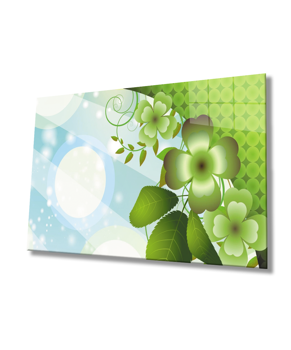 Yeşil Çiçek Cam Tablo  4mm Dayanıklı Temperli Cam Green Flower Glass Wall Art