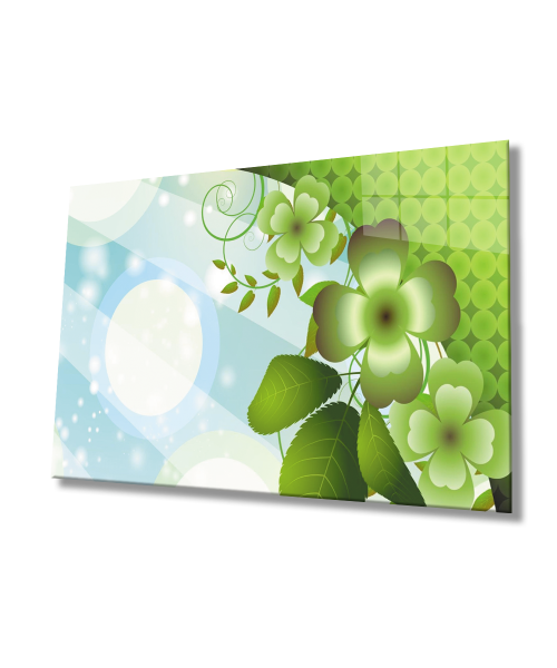 Yeşil Çiçek Cam Tablo  4mm Dayanıklı Temperli Cam Green Flower Glass Wall Art