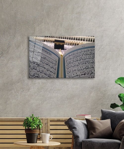 Kuran ve Kabe Dini İslami Duvar Dekoru Kaligrafi Cam Tablo 4mm Dayanıklı Temperli Cam