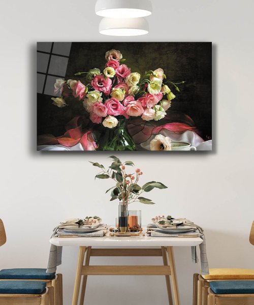 Pembe Beyaz Güller Natürmort Cam Tablo  4mm Dayanıklı Temperli Cam Pink White Roses Still Life Glass Wall  Art