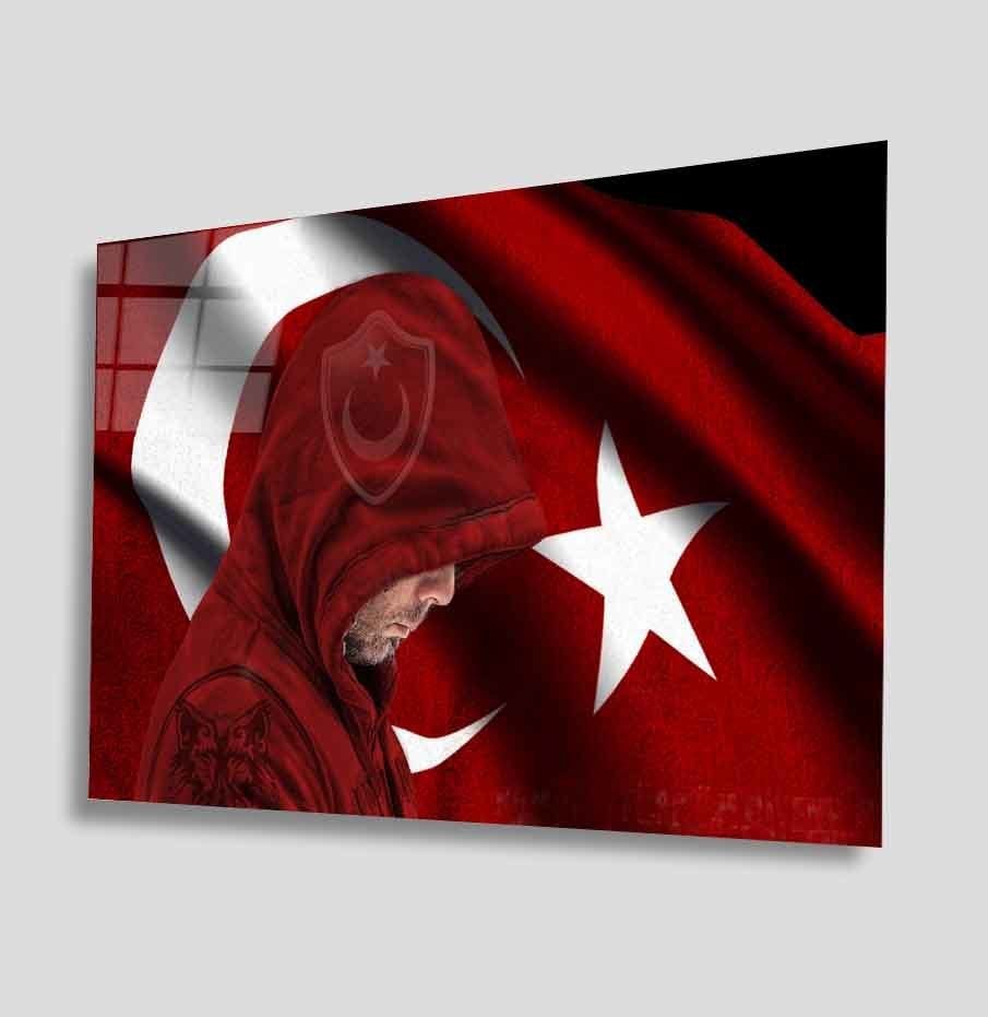 Türk Bayrağı ve Adam Cam Tablo  4mm Dayanıklı Temperli Cam