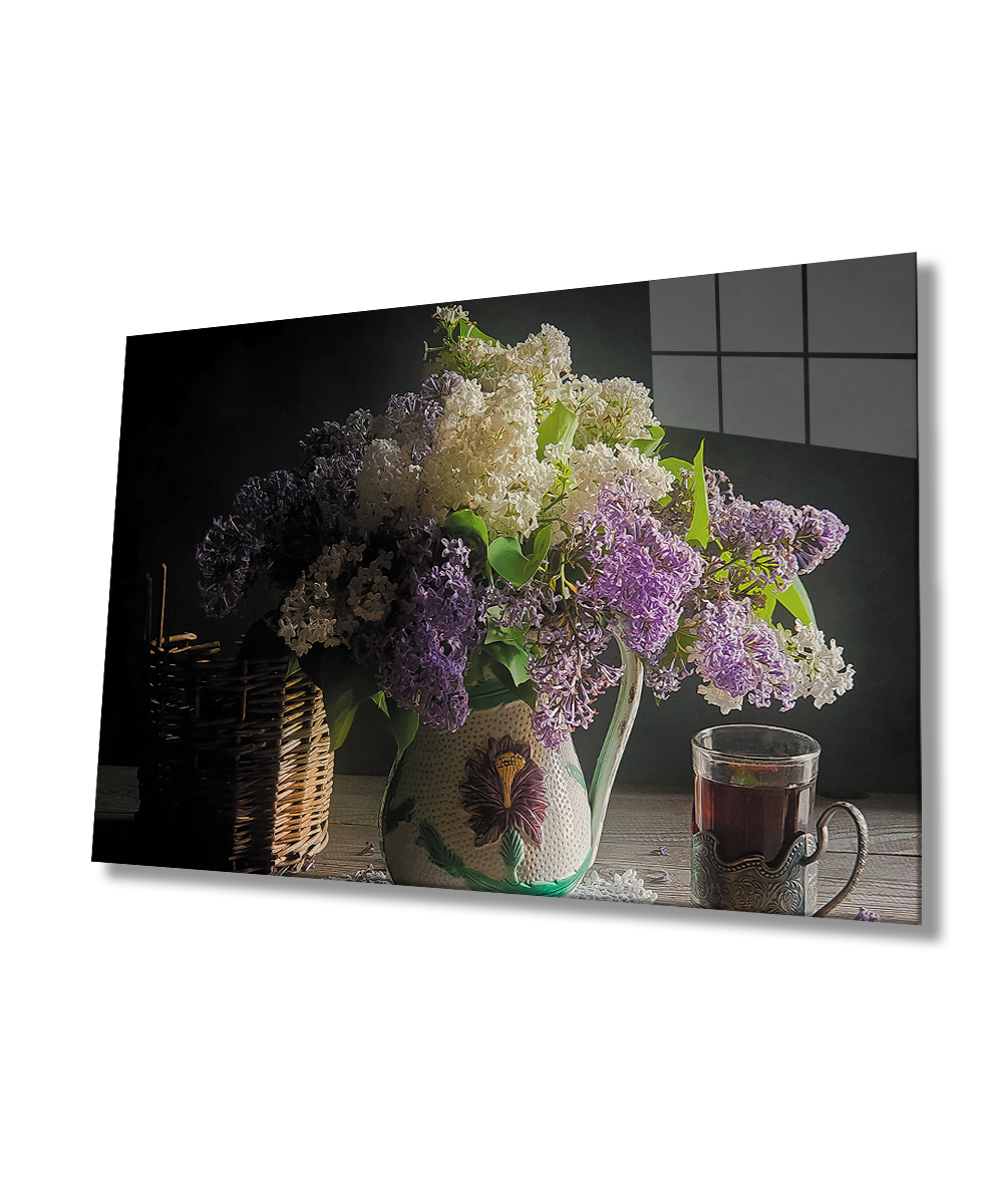 Mor Beyaz Sümbüller Natürmort  Cam Tablo  4mm Dayanıklı Temperli Cam Purple White Hyacinths Still Life Glass Wall Art