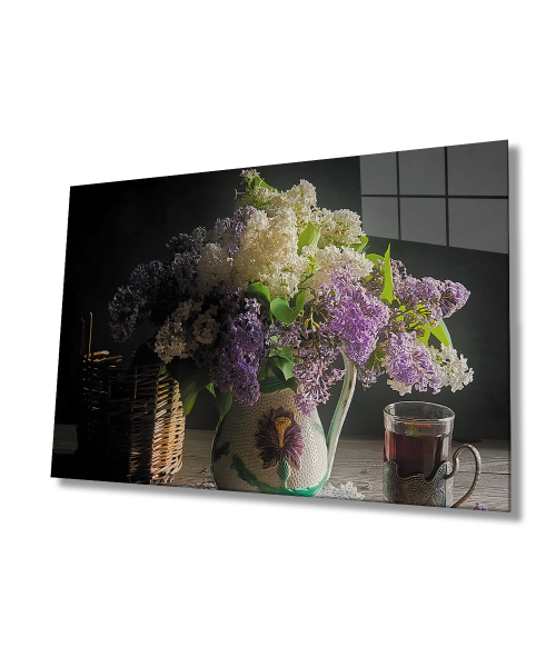 Mor Beyaz Sümbüller Natürmort  Cam Tablo  4mm Dayanıklı Temperli Cam Purple White Hyacinths Still Life Glass Wall Art