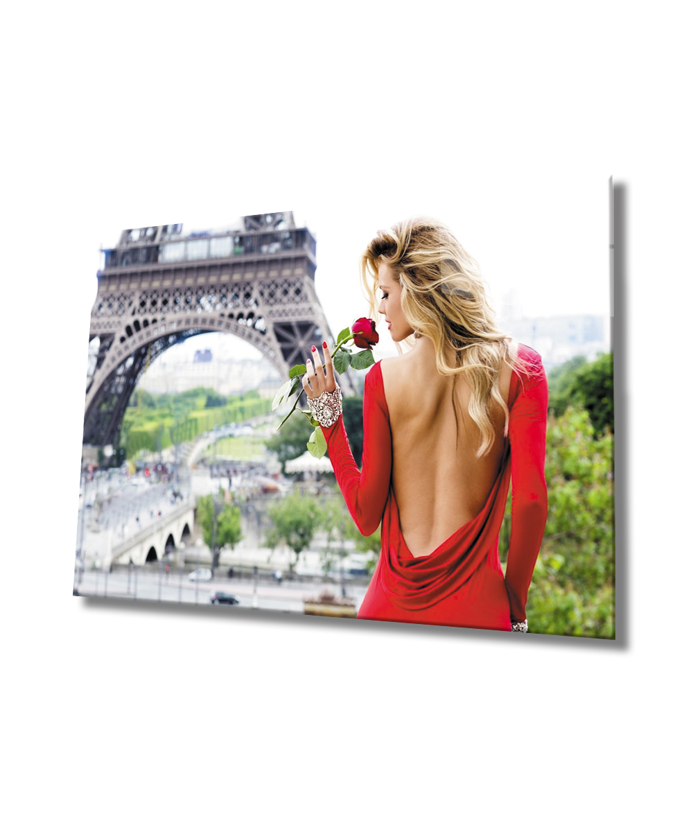 Kadınlar Paris ve Kırmızı Cam Tablo  4mm Dayanıklı Temperli Cam,Women Paris And Red Glass Wall Art