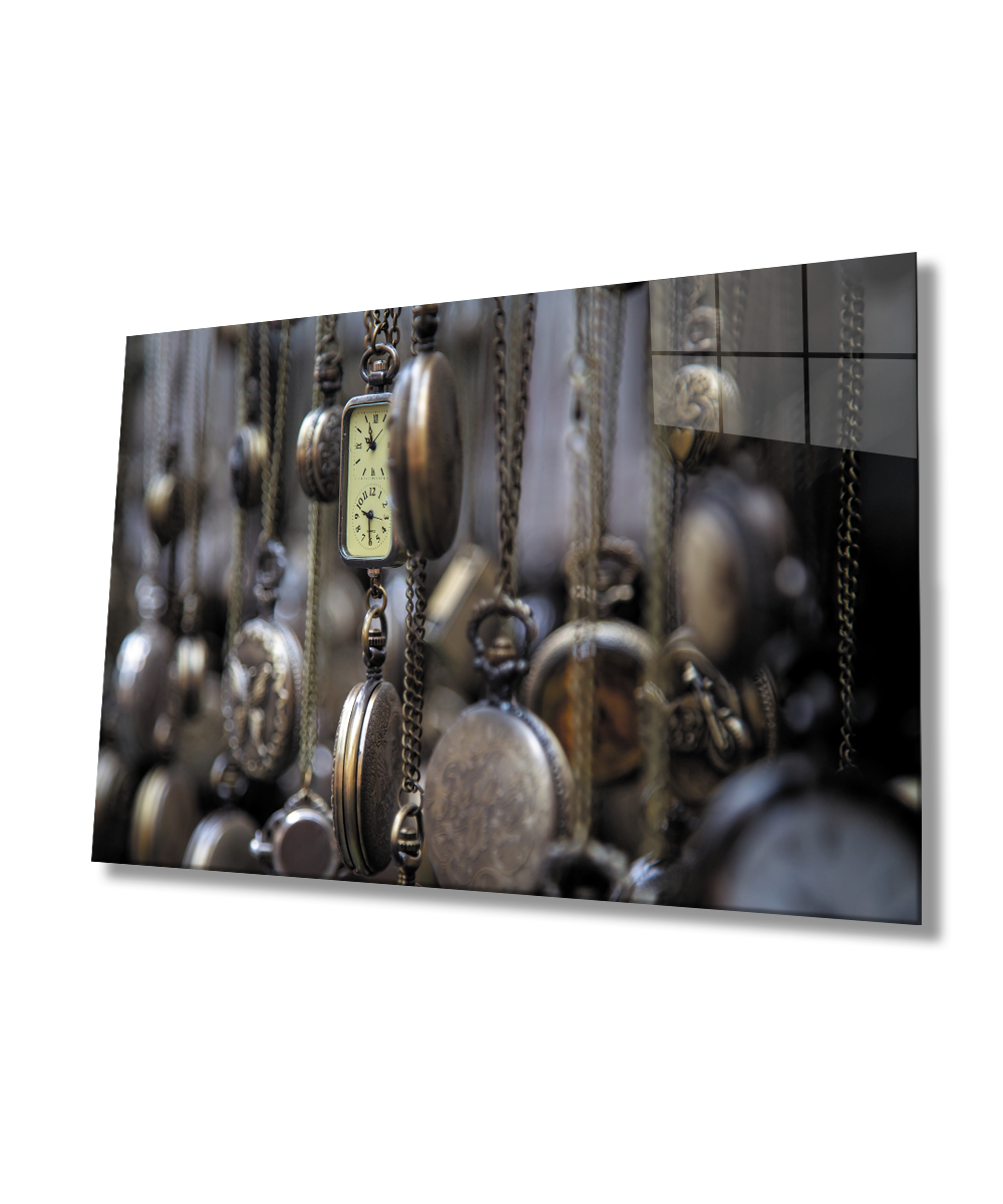 Köstekli Saat  Cam Tablo  4mm Dayanıklı Temperli Cam Buckle Clock Glass Wall Art
