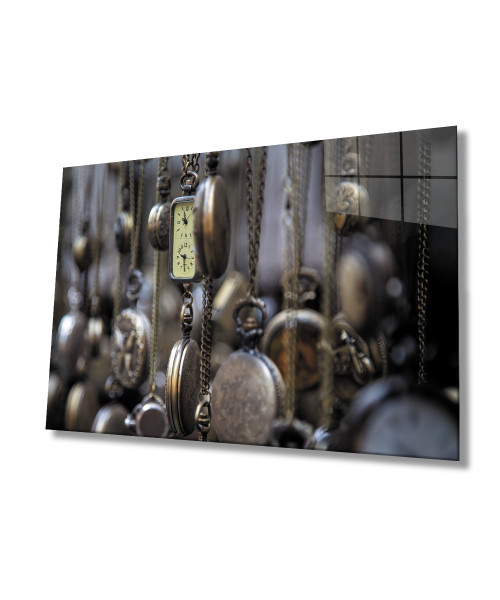 Köstekli Saat  Cam Tablo  4mm Dayanıklı Temperli Cam Buckle Clock Glass Wall Art