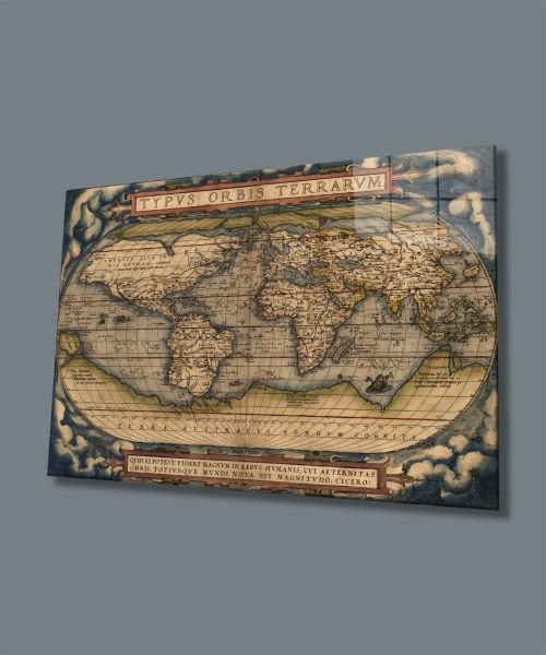 Eski Detaylı Dünya Haritası Cam Tablo Hediyelik Büyük Tablo Ev Ofis Dekoru