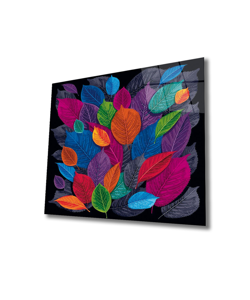 Renkli Yapraklar Soyut Cam Tablo 4mm Dayanıklı Temperli Cam 50x50 Cm, Colorful Leaf Abstract Glass Wall Art