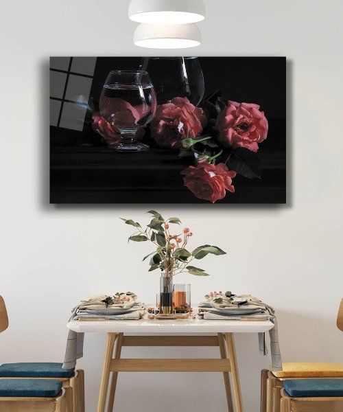 Kırmızı Güller Natürmort  Cam Tablo  4mm Dayanıklı Temperli Cam Red Roses Still Life Glass Wall Art