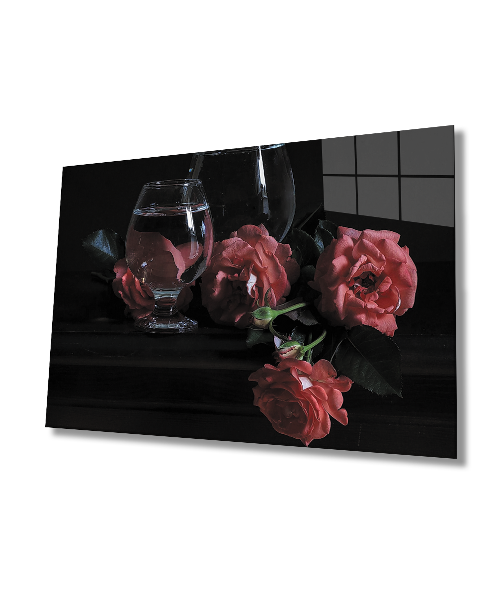 Kırmızı Güller Natürmort  Cam Tablo  4mm Dayanıklı Temperli Cam Red Roses Still Life Glass Wall Art