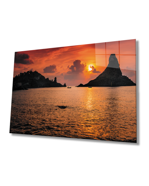 Gün Batımı Deniz Kayıklar Cam Tablo  4mm Dayanıklı Temperli Cam Sunset Sea Kayaks Glass Table 4mm Durable Tempered Glass