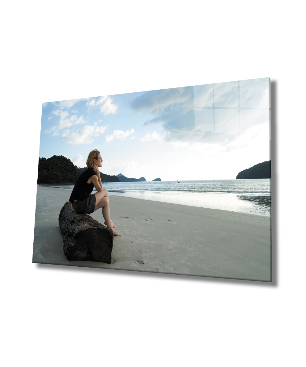 Kadınlar Sahil ve Huzur Cam Tablo  4mm Dayanıklı Temperli Cam,Women Beach And Tranquility Glass Wall Art