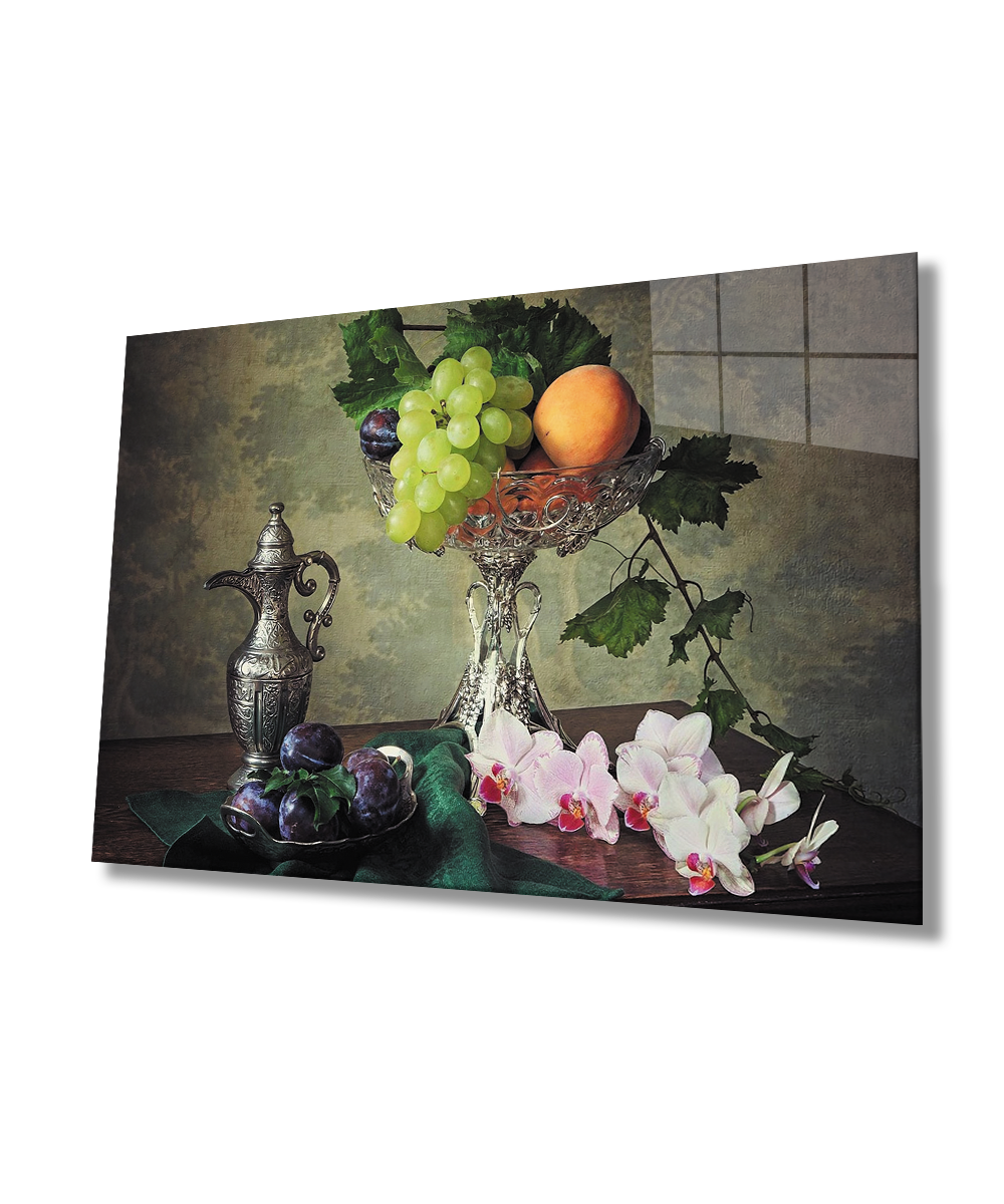 Meyveler Natürmort Cam Tablo  4mm Dayanıklı Temperli Cam Fruits Still Life Glass Wall Art