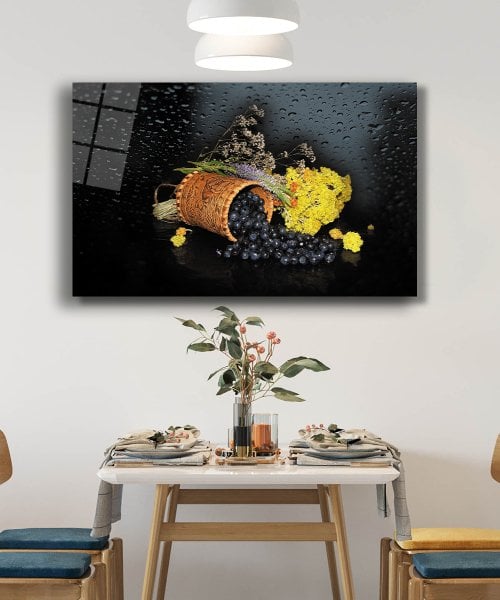 Meyve Bitki Su Damlası Naturmort Cam Tablo  4mm Dayanıklı Temperli Cam Fruit Plant Water Drop Still Life Glass Wall Art