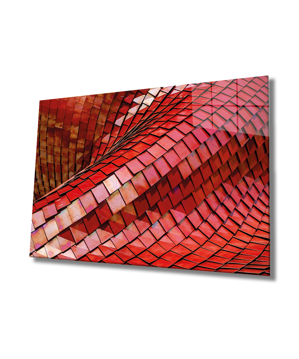 Kırmızı Geometrik Mimari Cam Tablo  4mm Dayanıklı Temperli Cam, Red Geometric Architecture Glass Wall Decor