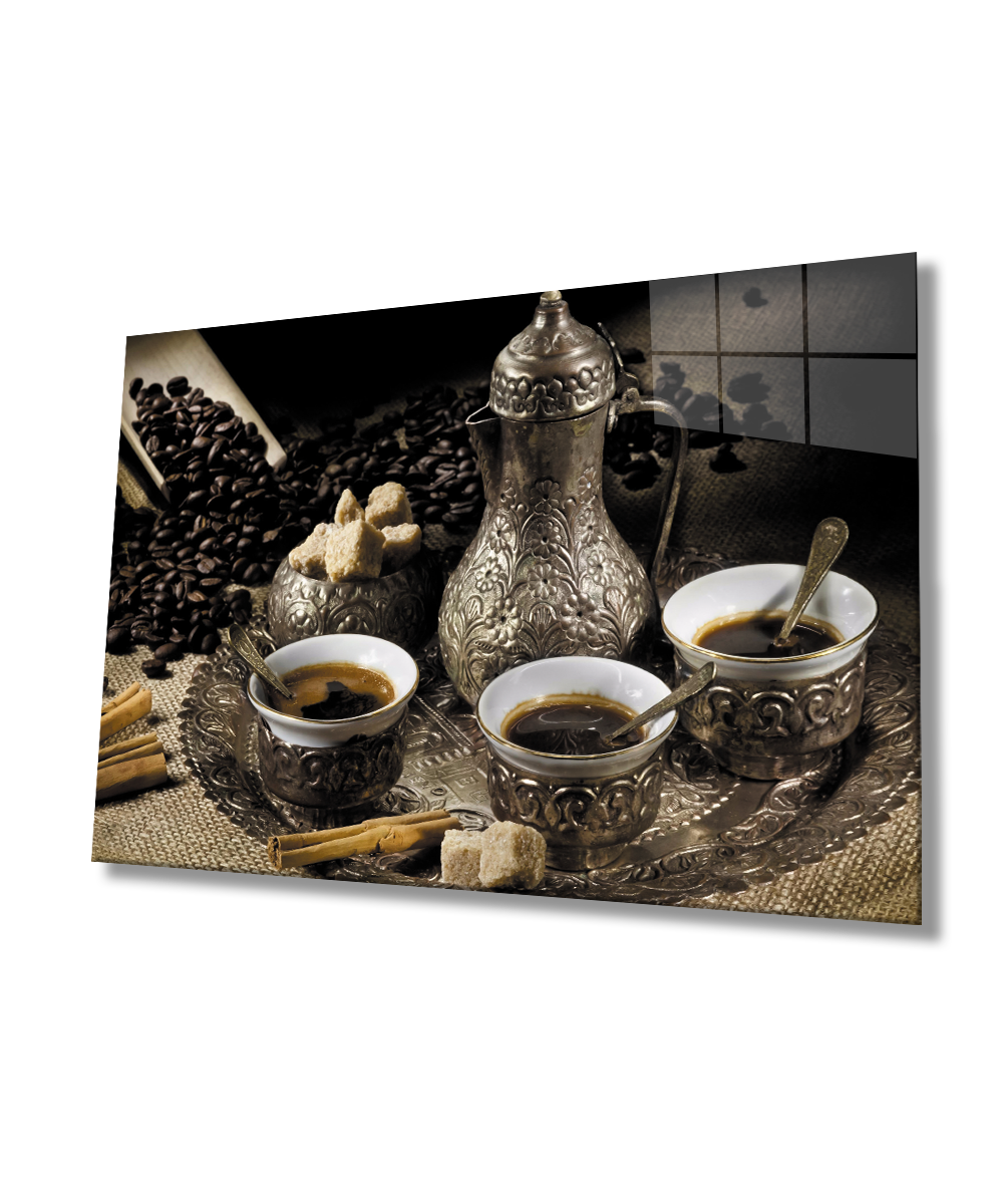 Kahve Fincan Natürmort Cam Tablo  4mm Dayanıklı Temperli Cam Coffee Cup Still Life Glass Wall Art