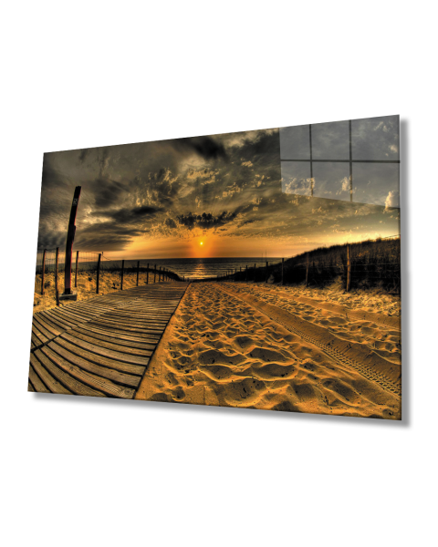 Gün Batımı Deniz Sahil Yolu Cam Tablo  4mm Dayanıklı Temperli Cam Sunset Glass Table 4mm Durable Tempered Glass