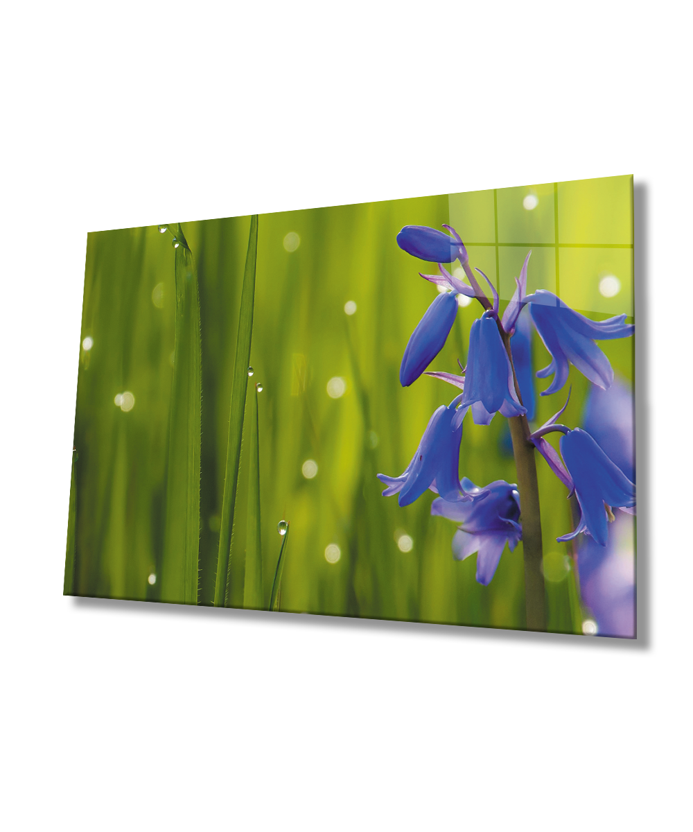 Mavi Çiçek Yeşil Cam Tablo  4mm Dayanıklı Temperli Cam Blue Flower Green Glass Wall Art