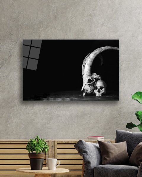 Siyah Beyaz Kurukafa Fotoğrafları Cam Tablo  4mm Dayanıklı Temperli Cam Black and White Skull Photos Glass Wall Art