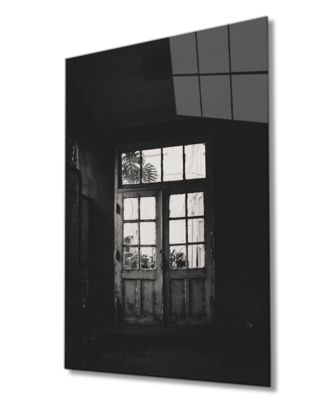 Siyah Beyaz Renkli Eski Kapı Görselli Dikey Cam Tablo  4mm Dayanıklı Temperli Cam Black and White Colored Old Door Image Vertical Glass Table 4mm Durable Tempered Glass