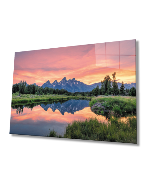 Gün Batımı Manzara Yansıma Dağ Cam Tablo  4mm Dayanıklı Temperli Cam Sunset Landscape Reflection Mountain Glass Painting 4mm Durable Tempered Glass