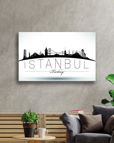 İstanbul Turkey Yazılı Siyah Beyaz 4mm Dayanıklı  Cam Tablo Temperli Cam