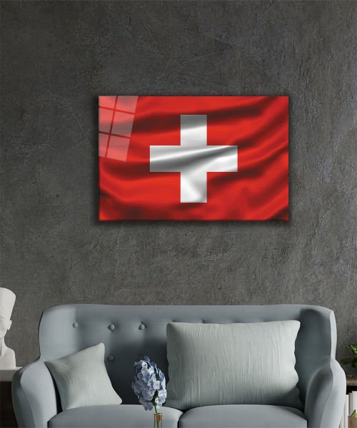 İsviçre Cam Tablo  4mm Dayanıklı Temperli Cam, Swiss Flag Glass Wall Art