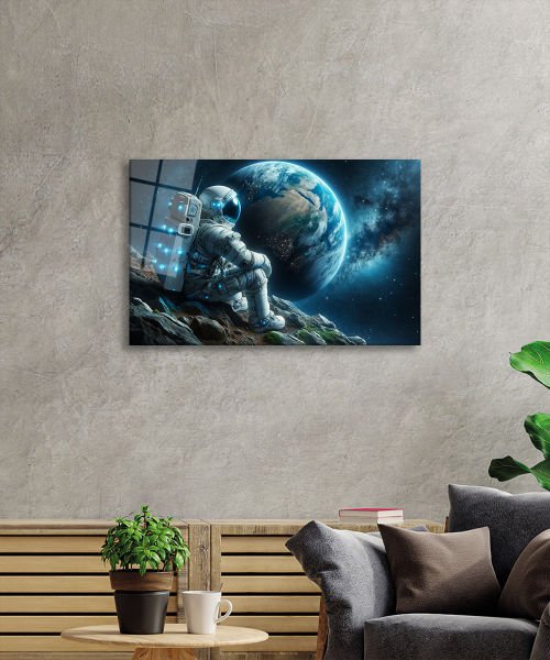Uzay Görseli Astronot Cam Tablo Yapay Zeka Hediyelik Büyük Tablo Ev Ofis Dekoru