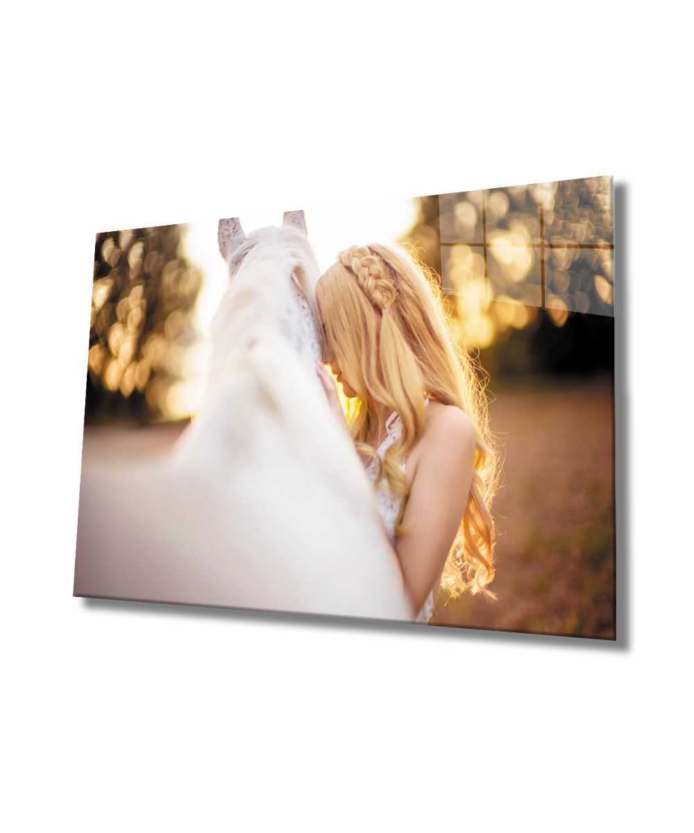 Kadınlar Beyaz Atlı Prenses Cam Tablo  4mm Dayanıklı Temperli Cam, Women Princess On a White Horse Glass Wall Art
