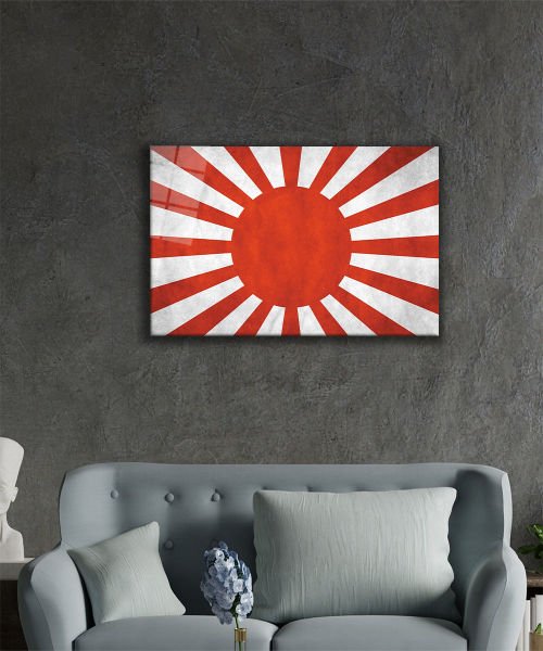 Eski Japon  Bayrağı Cam Tablo  4mm Dayanıklı Temperli Cam, Old Japanese Flag Glass Wall Art