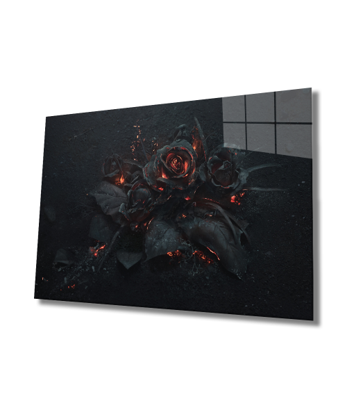 Siyah Çiçek İllüstrasyon Cam Tablo  4mm Dayanıklı Temperli Cam, Black Flower Illustration Art Glass Wall Decor